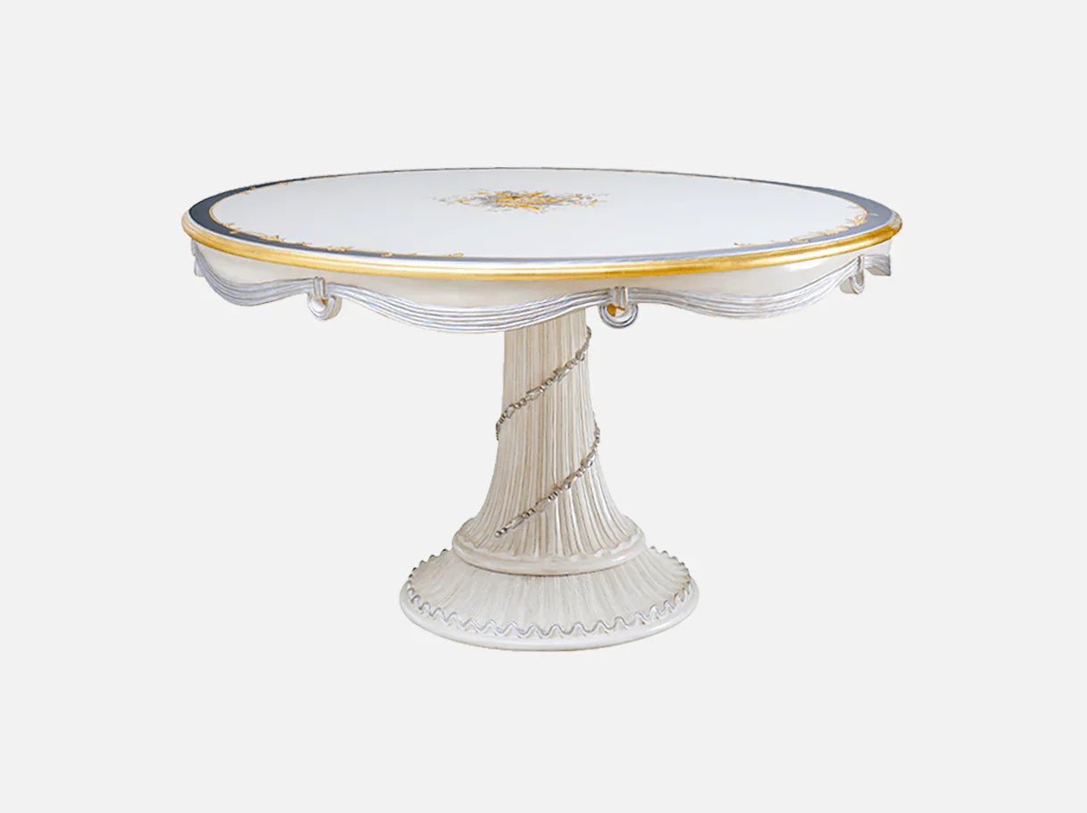 Round dining table D-061 front view: beech wood, gold/silver leaf accents, hand-painted details – fits french style dining rooms.