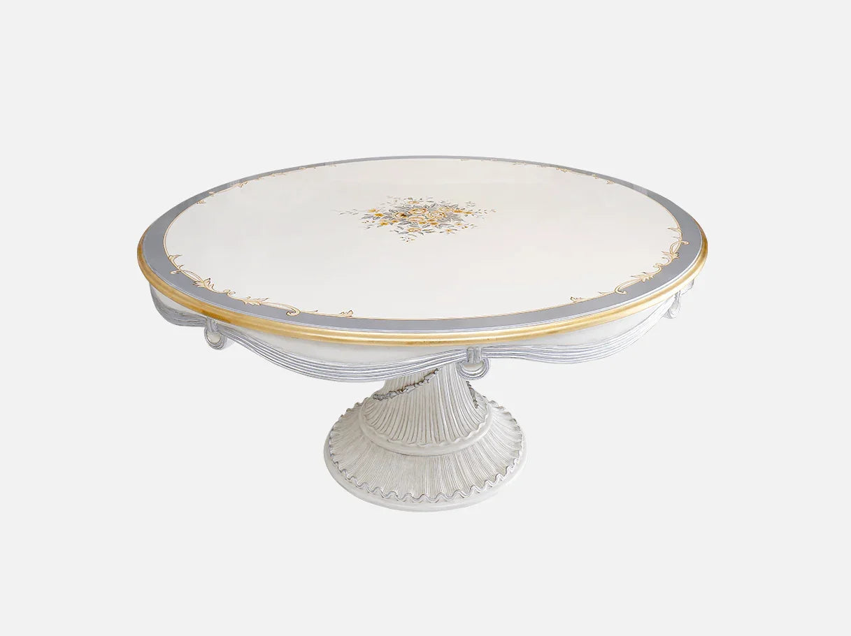 D-061 round dining table top detail: ornate central motif, polished finish with gold/silver leaf – ideal for intimate gatherings.