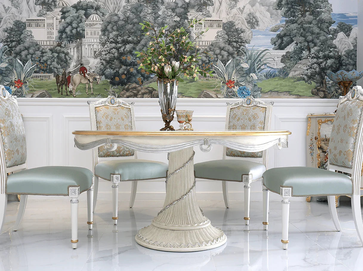 D-061 round dining table in dining space: sculpted pedestal base, elegant design, complements french style furniture ensembles.