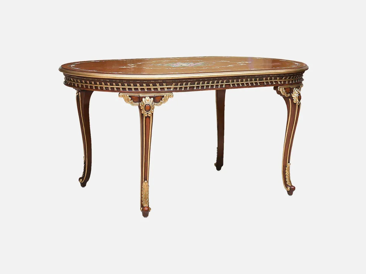 Wooden dining table D-061B side: Elegant oval shape, carved beech wood legs – ideal for refined interiors.