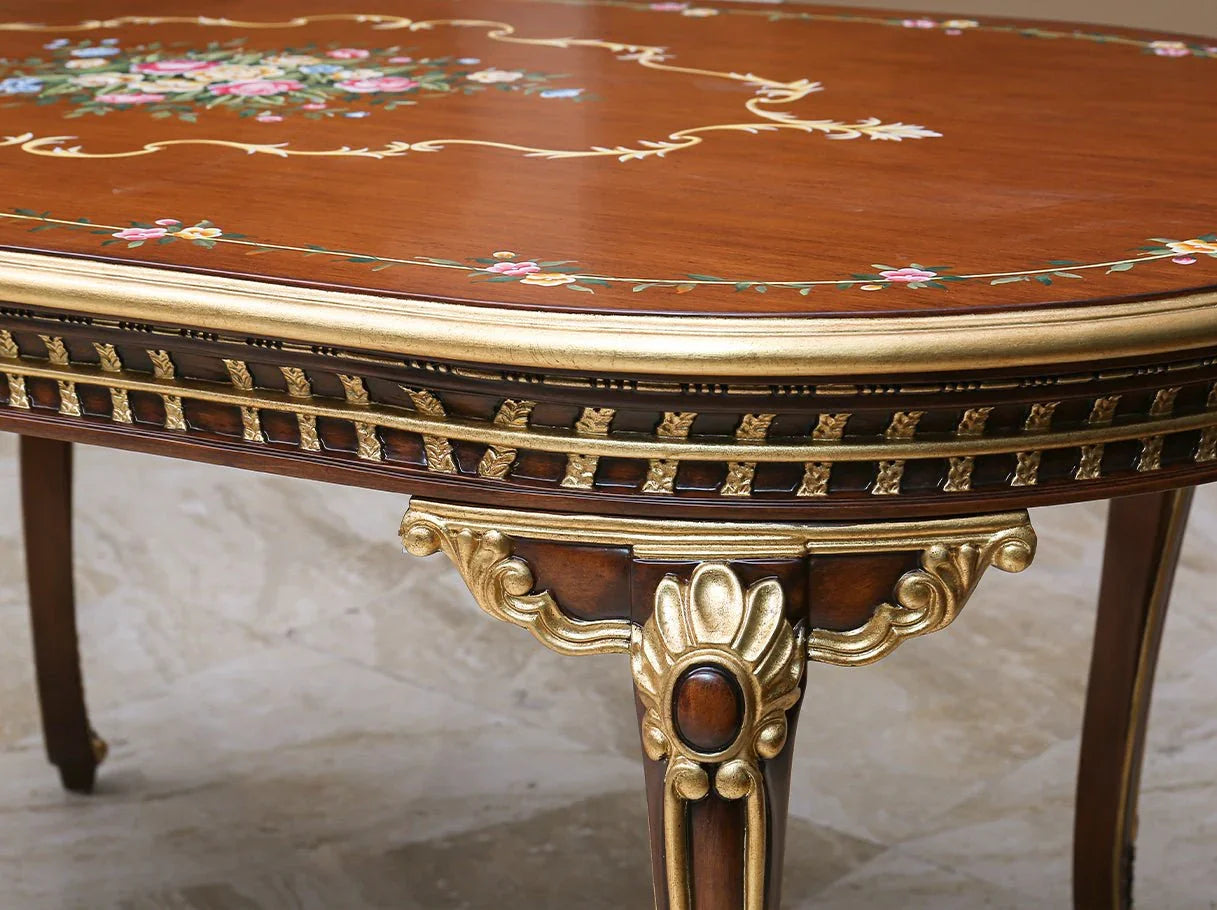 Wooden dining table D-061B leg detail: Intricate hand-carvings, gold accents on wood – highlights craftsmanship.