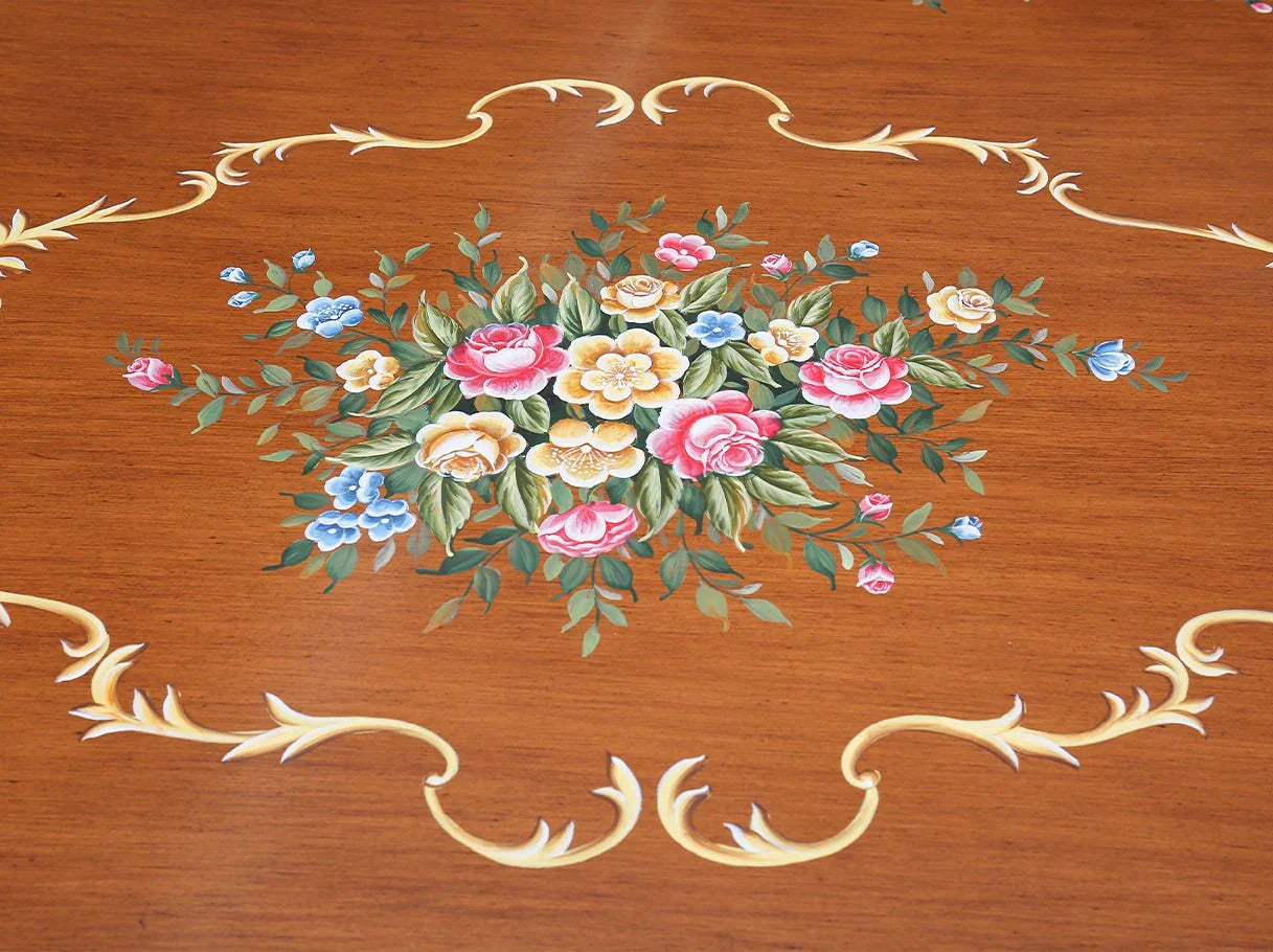 Wooden dining table D-061B tabletop: Delicate hand-painted floral design, gold leaf trim – perfect for elegant dining.