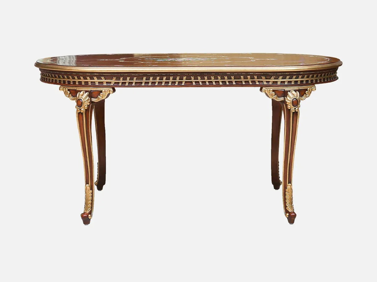 Wooden dining table D-061B front: Ornate carved legs, gold leaf trim, hand-painted accents – fits high-end classic rooms.