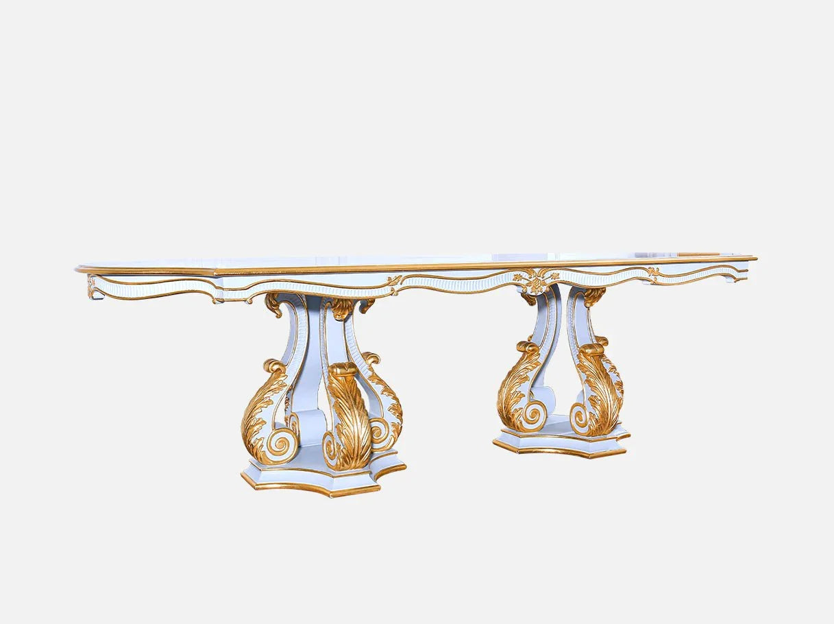 D-085 pedestal dining table side view: Sleek silhouette, carved beech wood structure, elegant proportions – ideal for formal interiors.