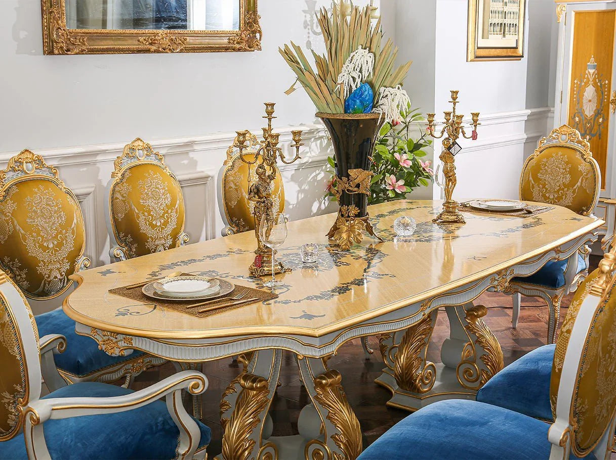 D-085 pedestal dining table in dining space: Matches ornate chairs, gold accents, and french-style decor – ideal for sophisticated gatherings