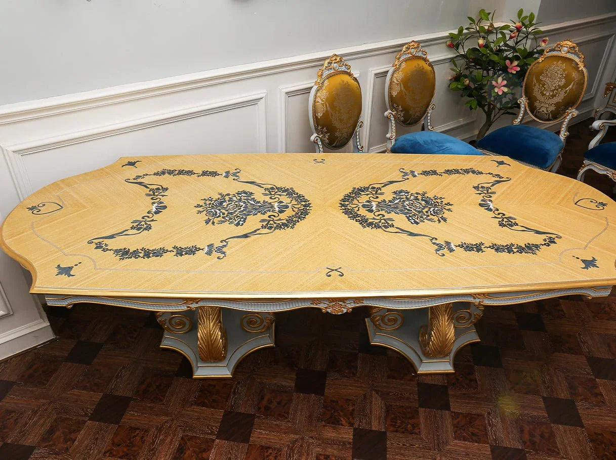 D-085 dining table tabletop detail: Smooth wood-veneer surface, refined finish with subtle grain – perfect for high-end dining.