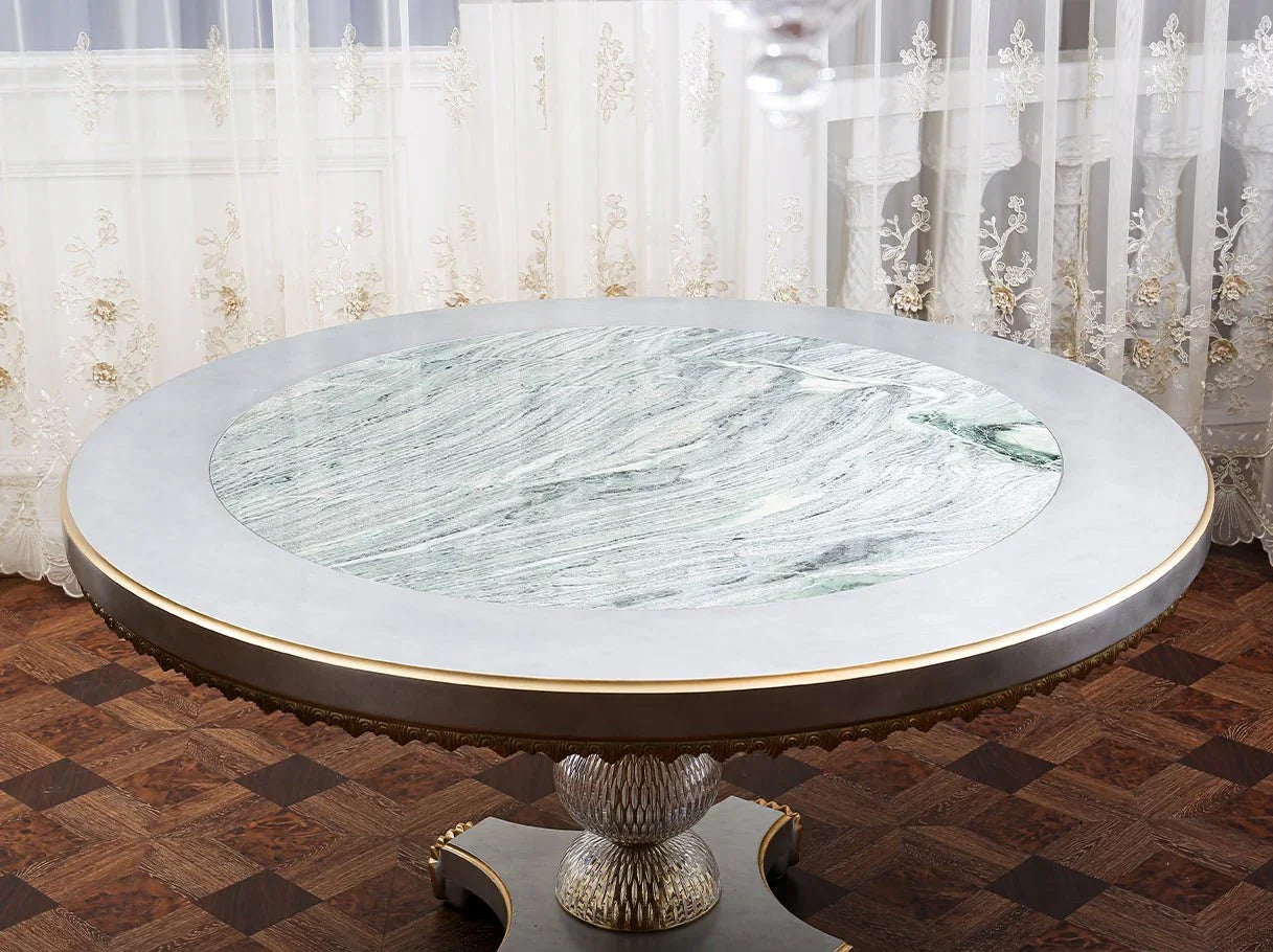 D-086 round dining table tabletop detail: Stunning marble surface, polished finish with gold leaf trim – ideal for opulent interiors.