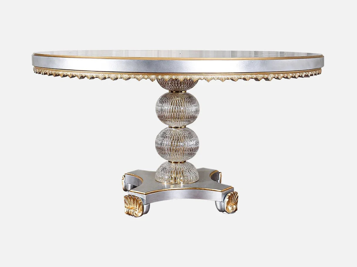 Round wood dining table D-086 front view: Marble tabletop, gold leaf accents, Baraka crystal base – fits high-end dining rooms.