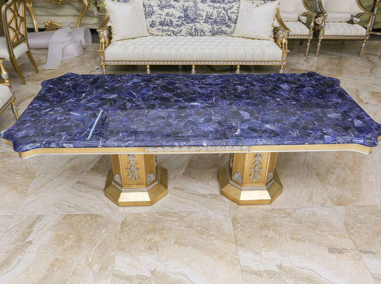 Marble dining table D-1172 tabletop detail: Stunning blue marble surface, polished finish with gold trim – perfect for high-end dining.