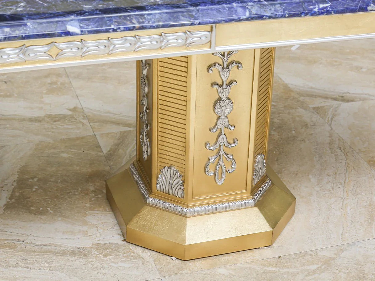 Marble dining table D-1172 pedestal base detail: Intricate hand-carving, gold leaf embellishments on wood – highlights craftsmanship.