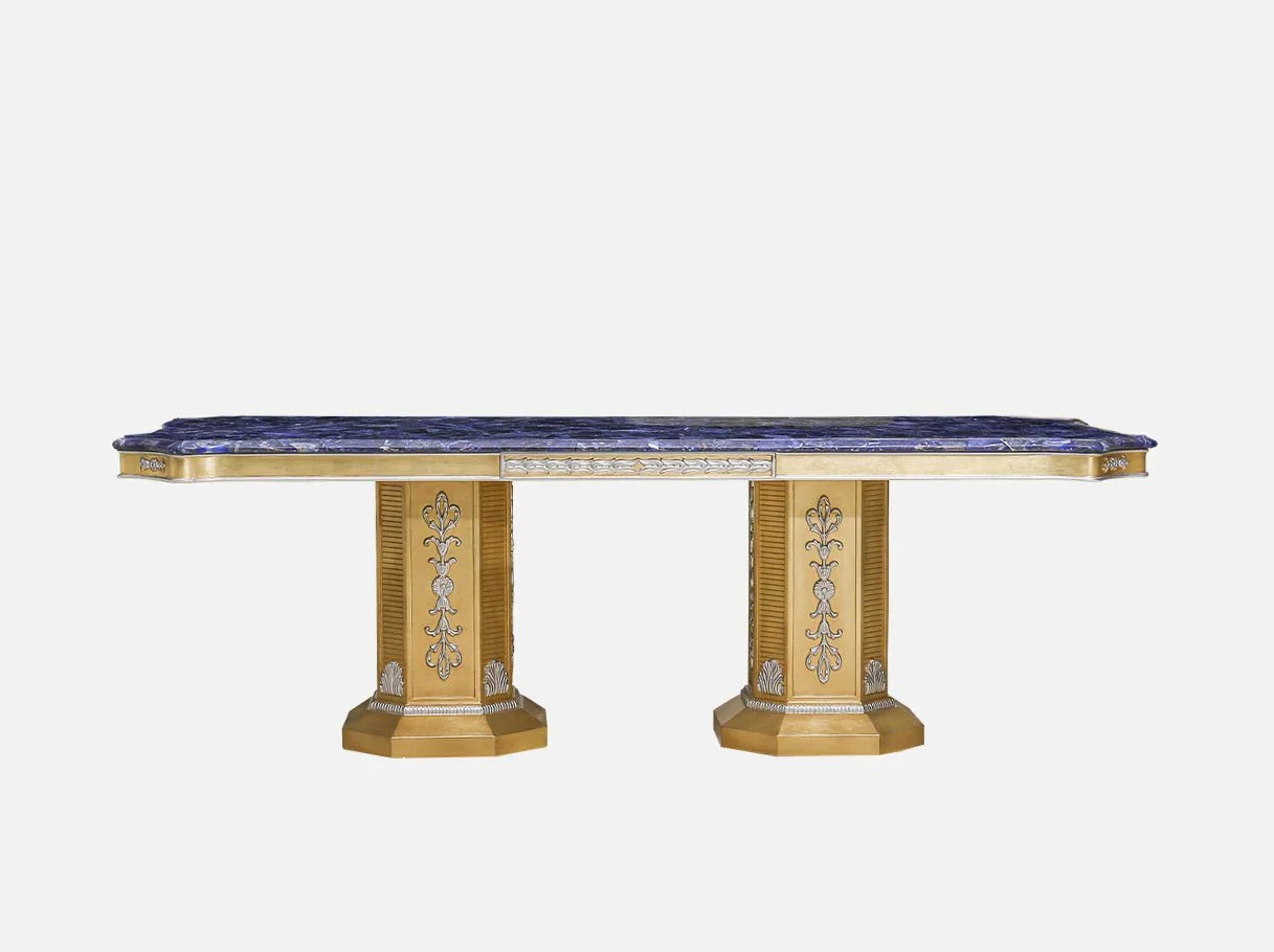 Marble dining table D-1172 front view: Dual pedestal base with carved details, gold leaf accents, blue marble top – fits french style dining rooms.
