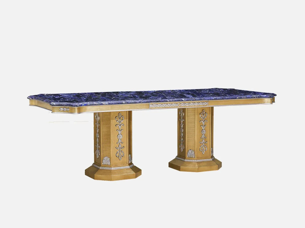 Marble dining table D-1172 side view: Sleek silhouette, carved beech wood structure, elegant proportions – ideal for formal interiors.