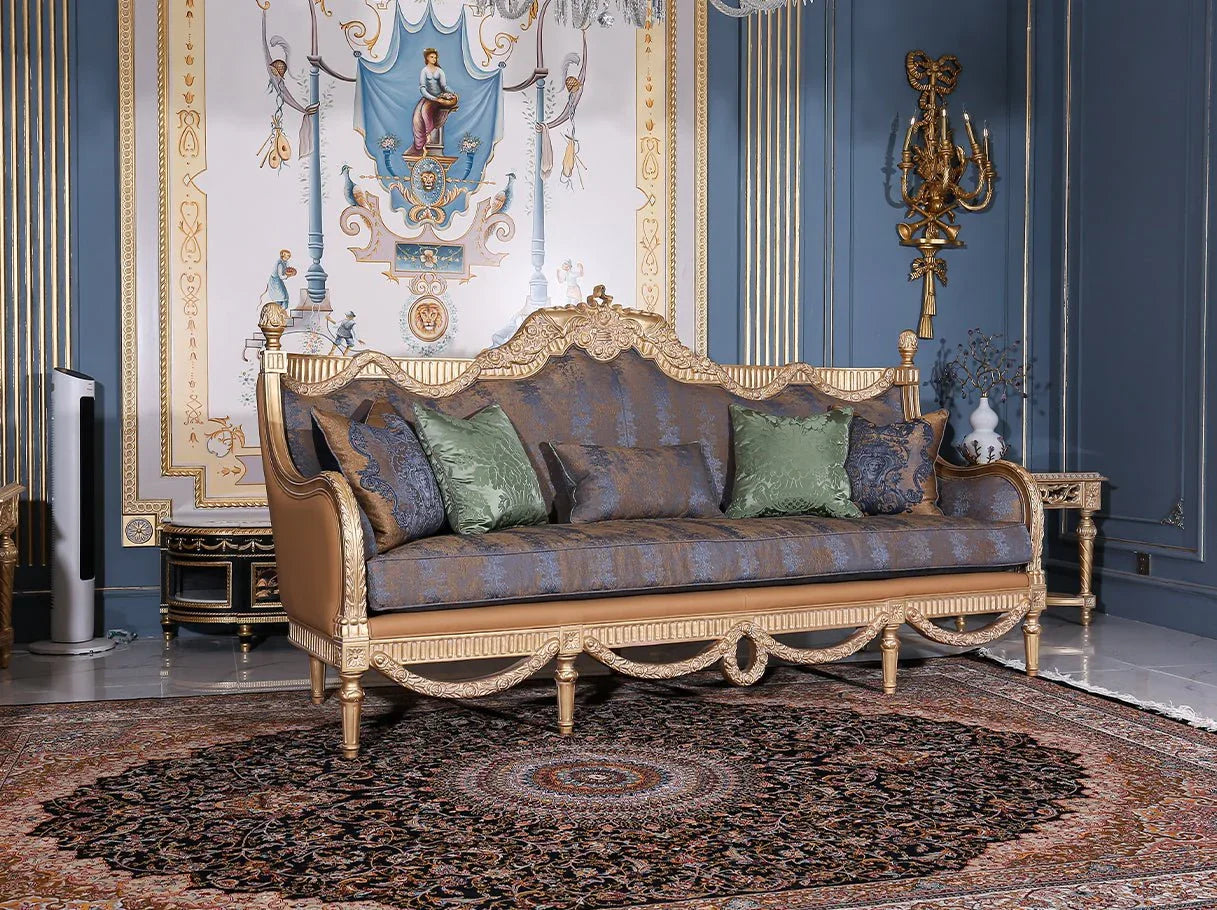 French style living room furniture set with a luxury French sofa S-1003, featuring jacquard fabric, leather details, and gold carving.