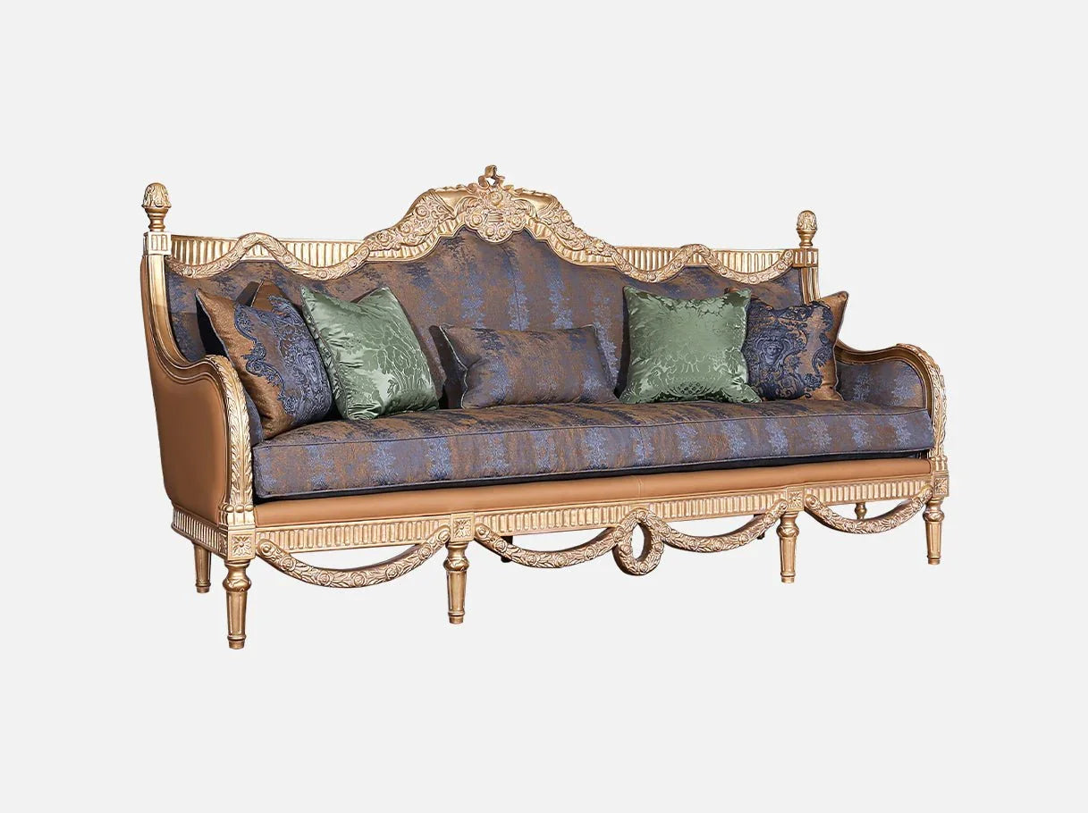 Side view of French sofa S-1003 in blue and gold tones, showing carved beech frame, jacquard seat, and genuine leather accents.