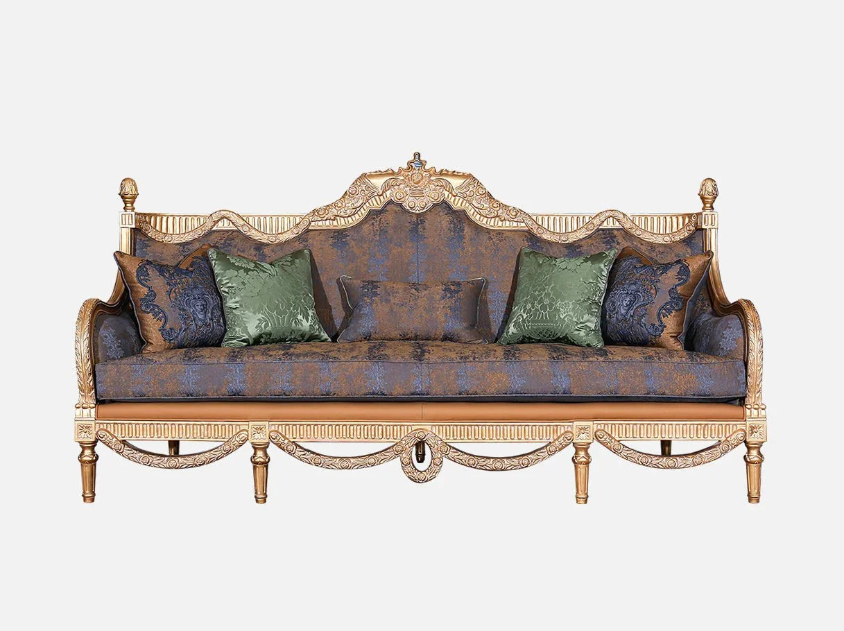 Front view of French sofa S-1003 with hand-carved beech wood frame, gold leaf finish, and jacquard-leather upholstery in blue and gold.