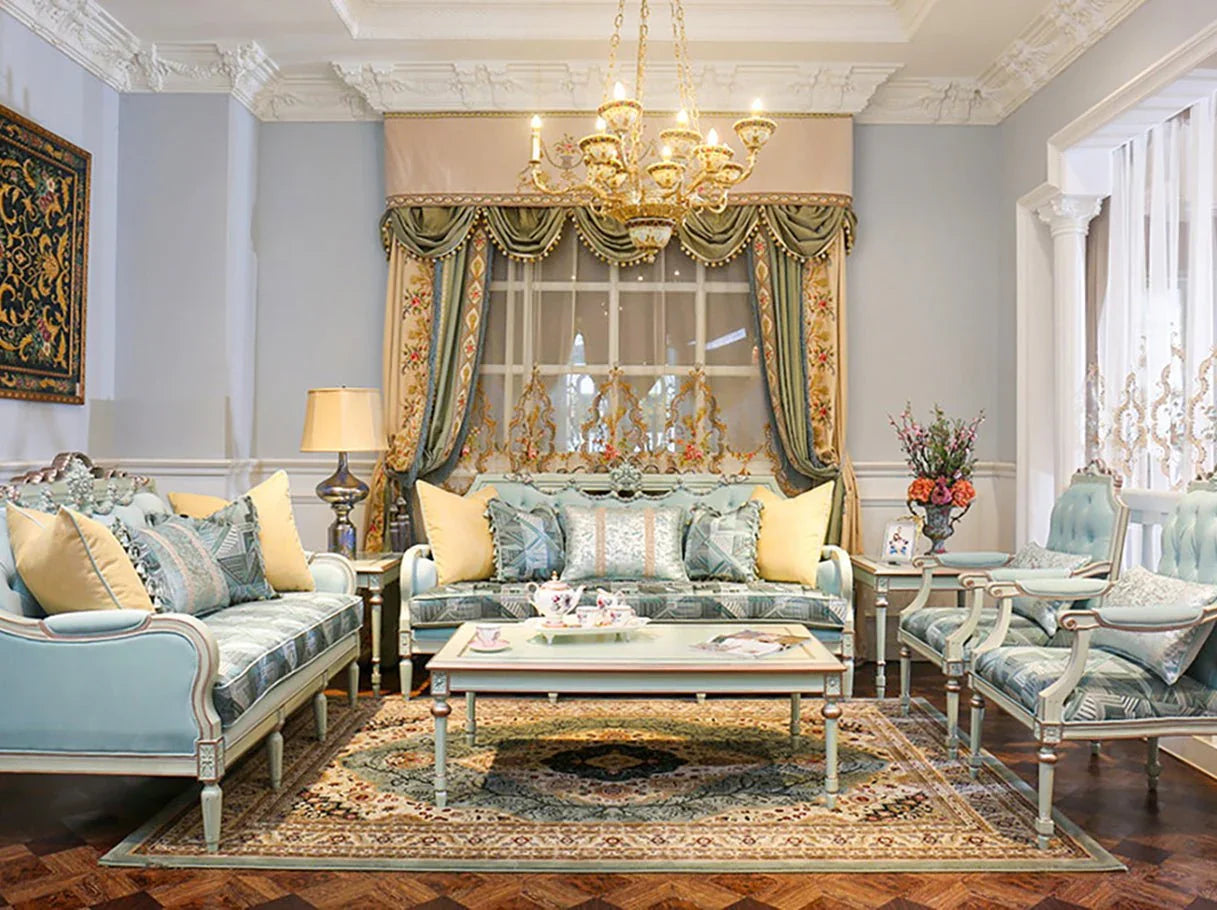 French sofa S-1124 styled in a luxury French living room set with coordinated armchairs, coffee table, and chandelier.