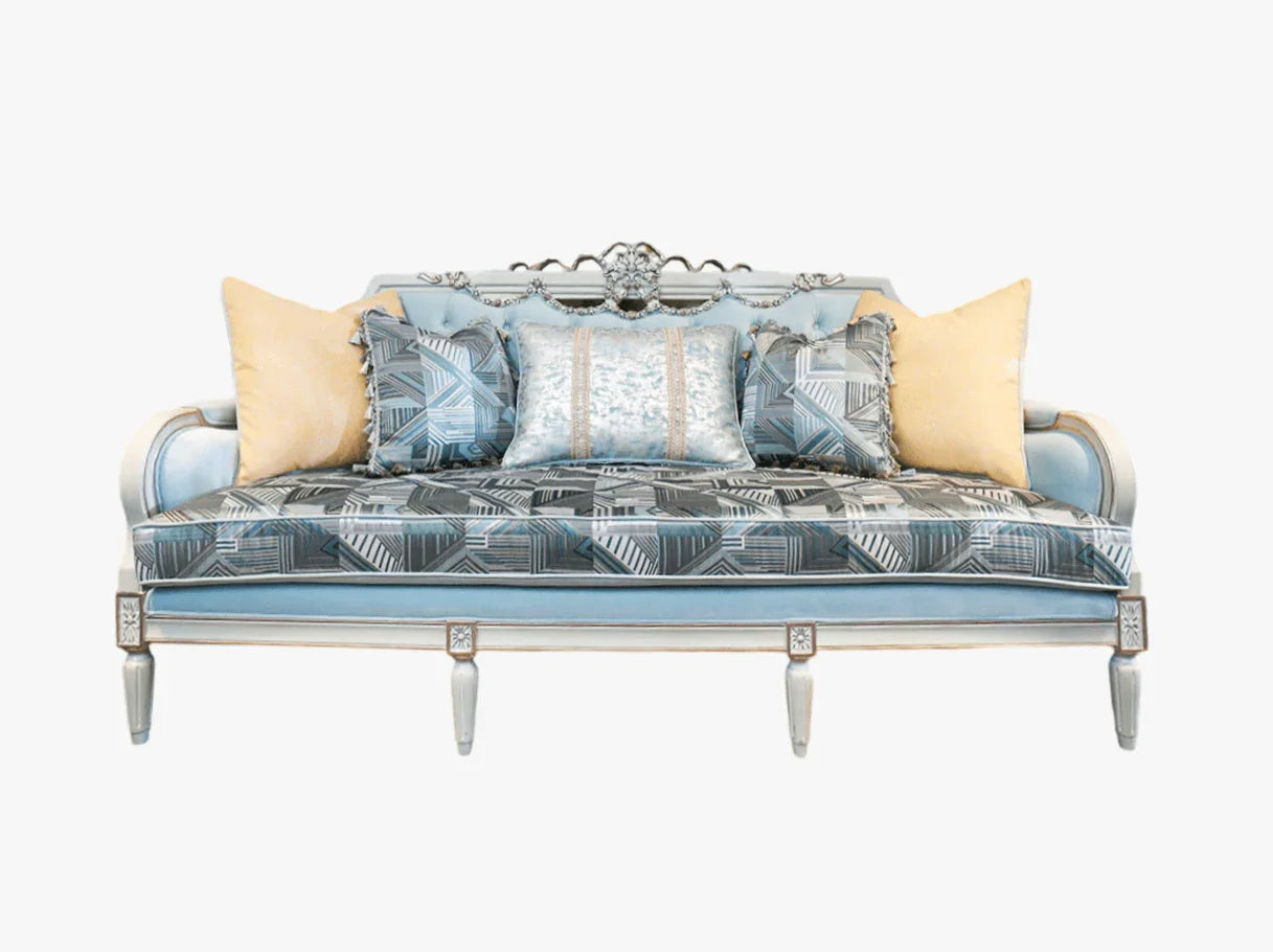 Front view of French sofa S-1124 showcasing hand-carved beech wood frame with gold & silver leaf, upholstered in jacquard and velvet.