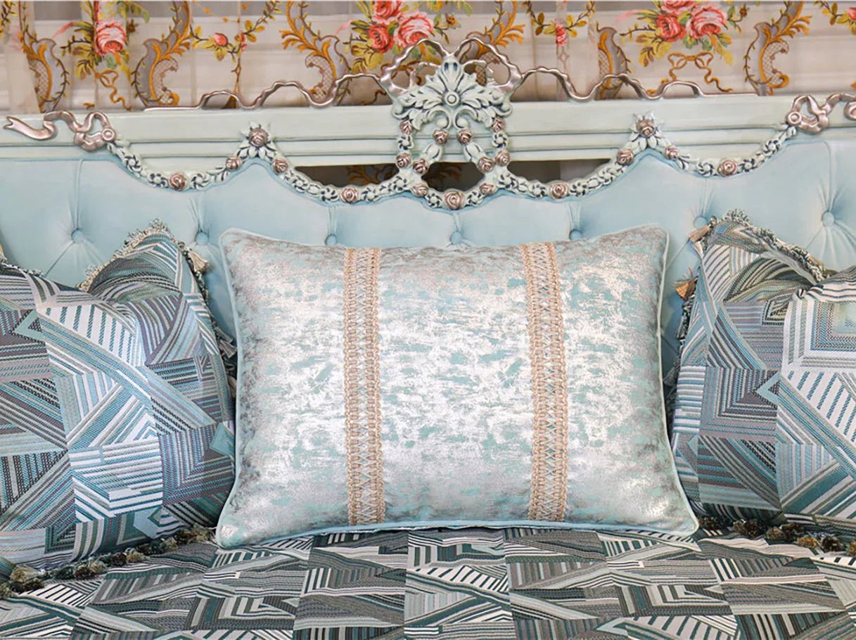 Decorative pillow detail of French sofa S-1124 showing layered jacquard patterns.