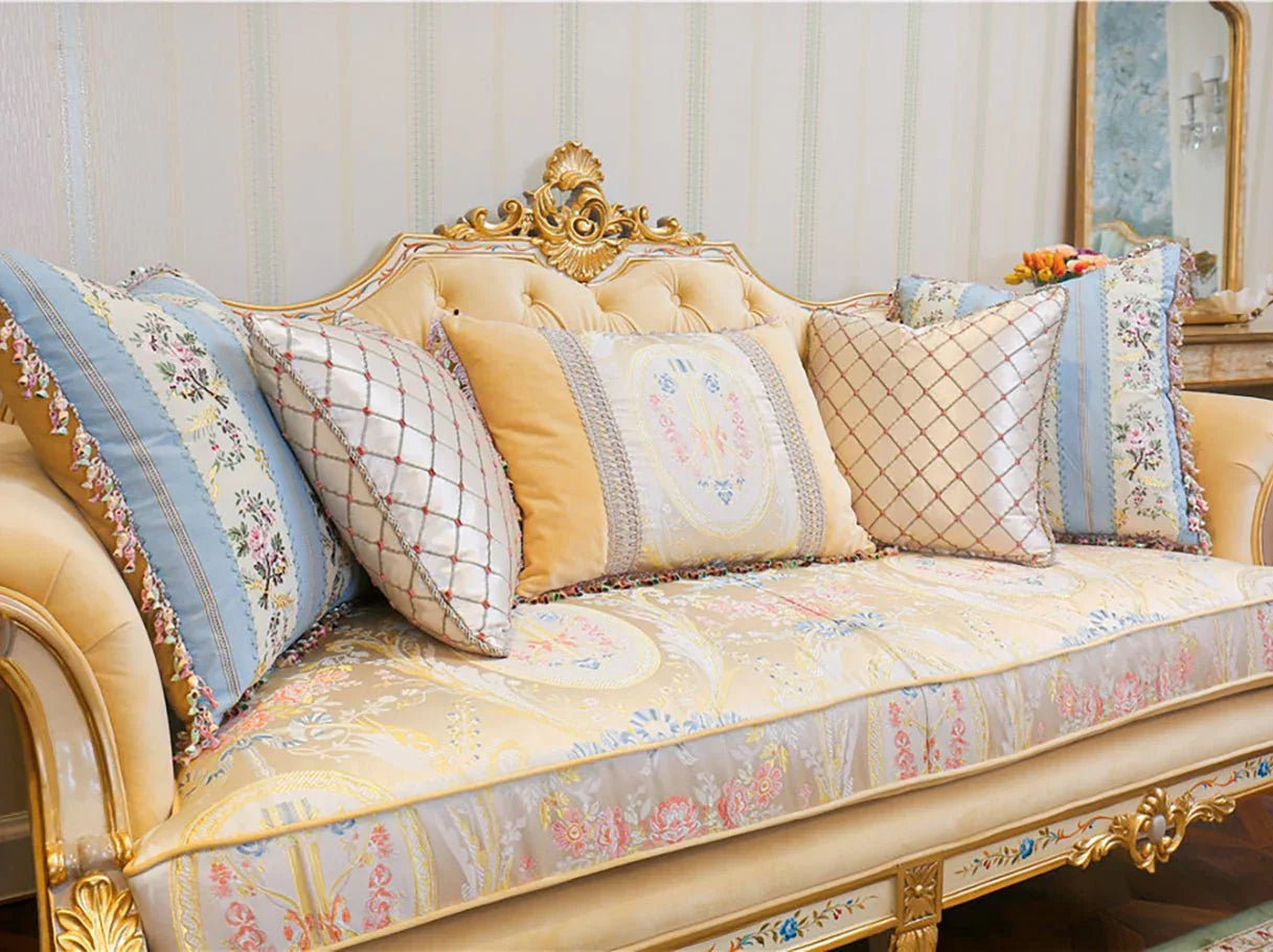 Seat and cushion detail of French sofa S-1138 featuring jacquard fabric with floral motifs and plush velvet trims.