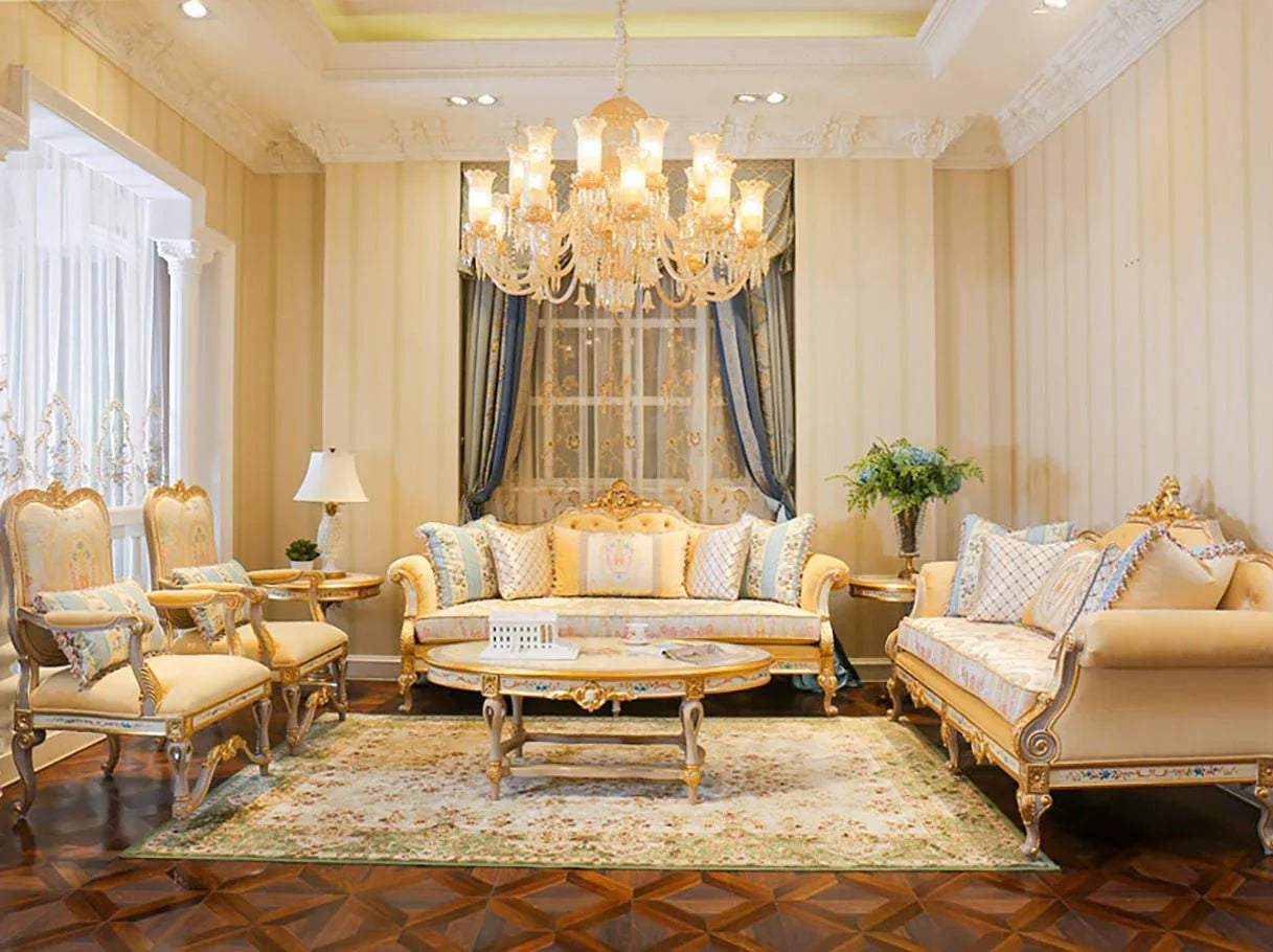 French sofa S-1138 styled in a luxury living room set with matching armchairs, side tables, and chandeliers.