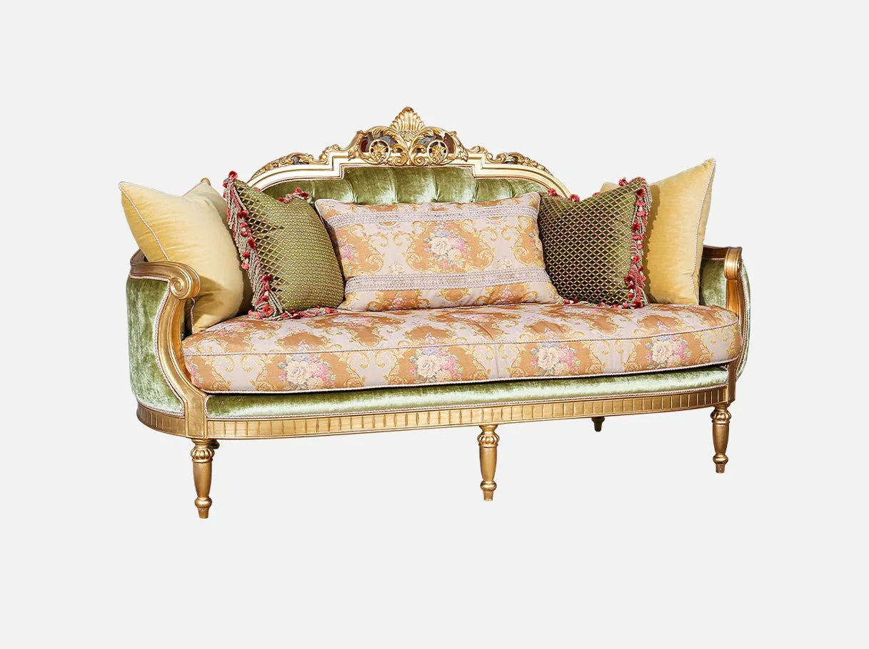 Side view of French sofa S-1146 in green and gold tones, showcasing carved beech frame, jacquard seat, and plush velvet accents.