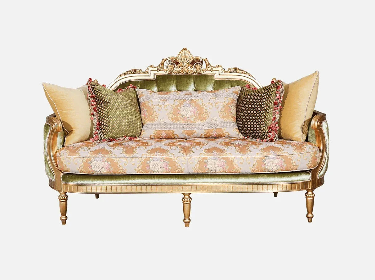 Front view of French sofa S-1146 with hand-carved beech wood frame, jacquard upholstery, velvet accents, and gold & silver leaf details.