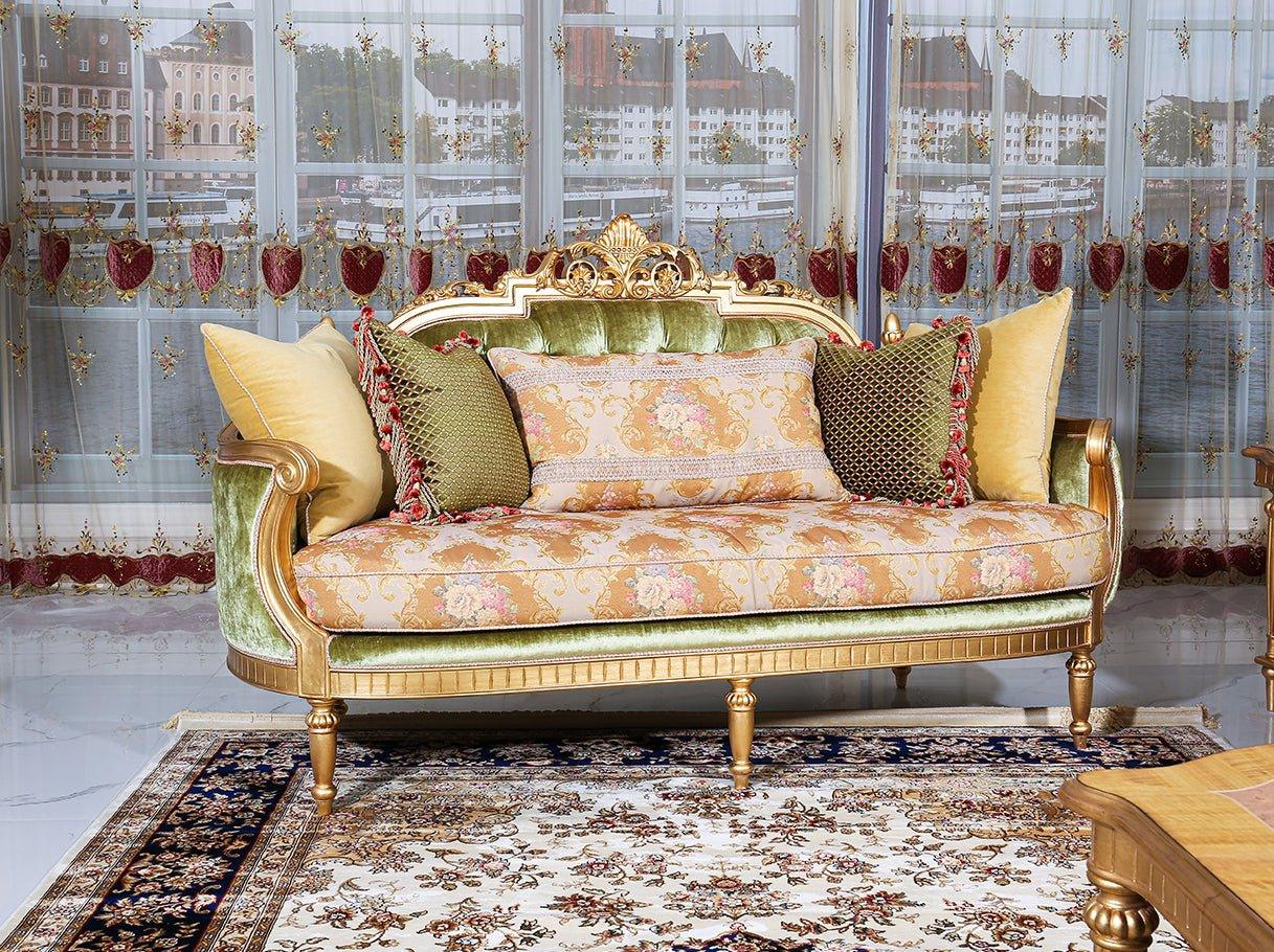 French style living room furniture set with a luxury French sofa S-1146, featuring jacquard fabric, velvet cushions, and gold detailing.
