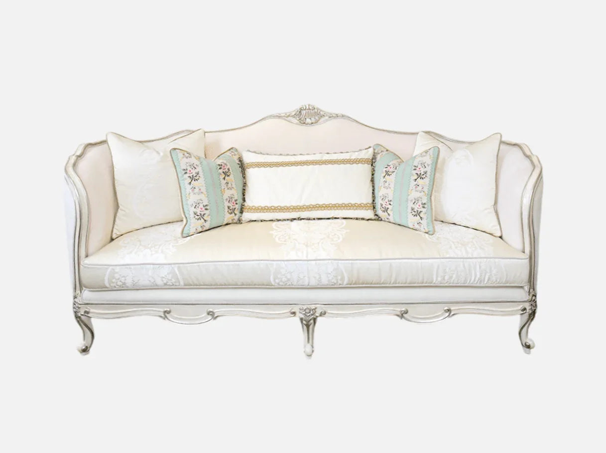 Front view of French sofa S-1169 showcasing hand-carved beech wood frame with silver leaf finish and layered jacquard-velvet cushions.