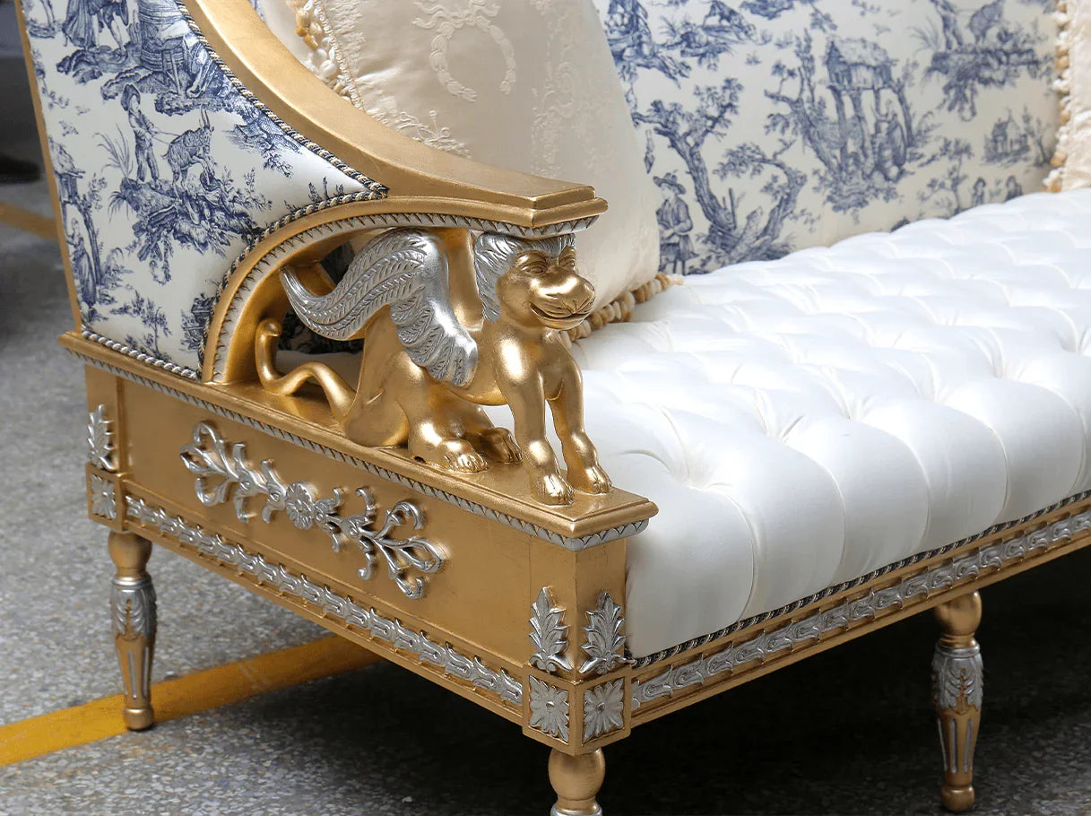 Close-up of French sofa S-1172 armrest, highlighting hand-carved lion figures, gold leaf detailing, and refined beech wood joinery.