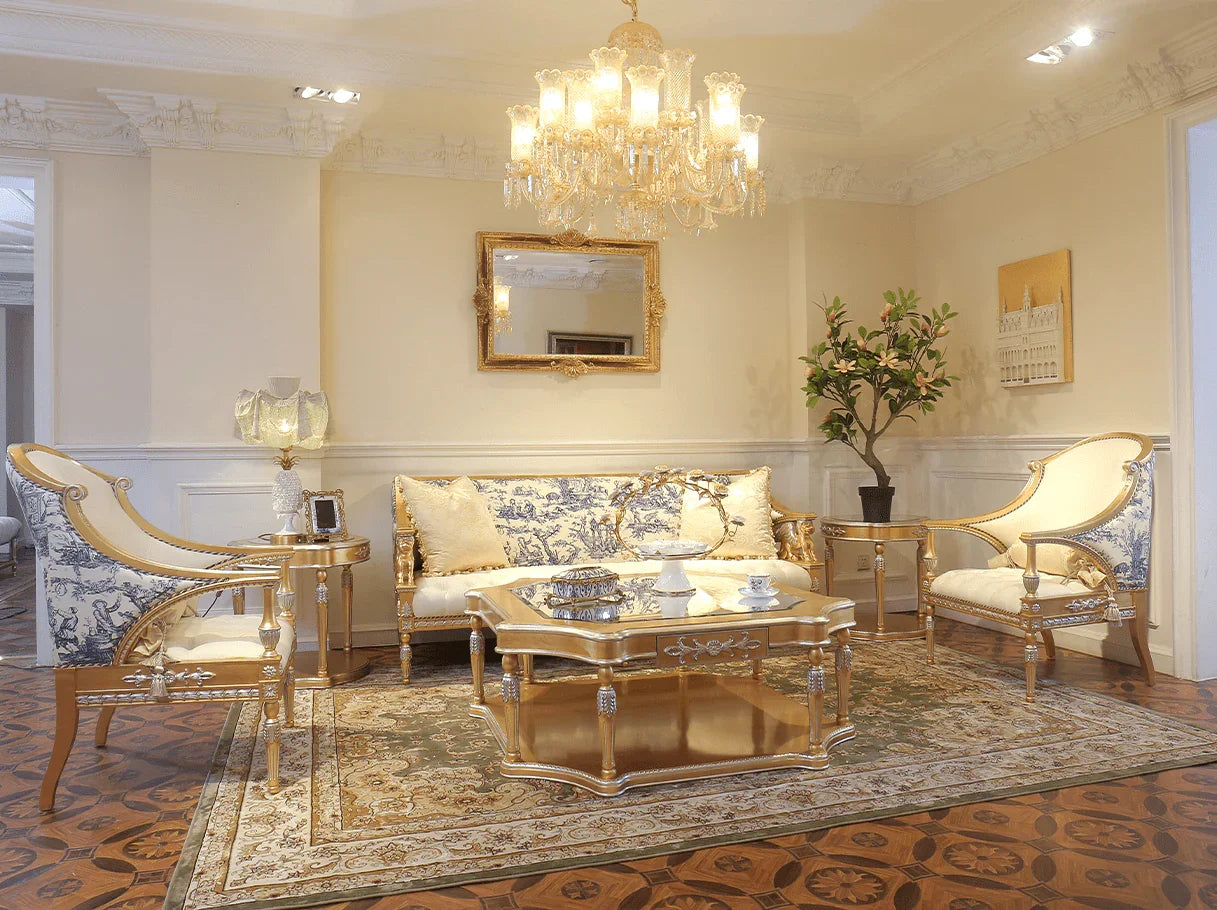 French style living room furniture set with a luxury French sofa S-1172, armchairs, and a coffee table in gold and ivory tones.