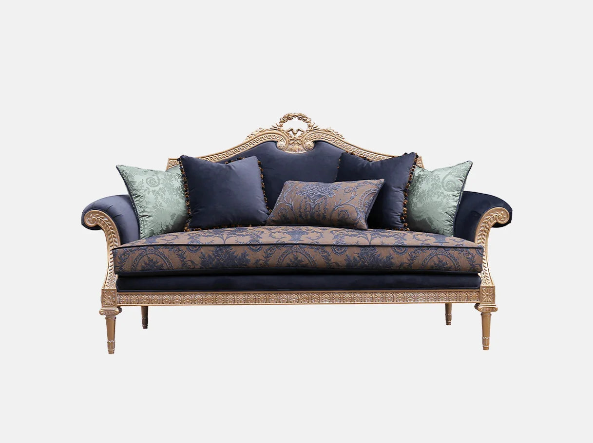 Front view of French sofa S-1178 3-seater in navy and gold, with jacquard cushions, velvet pillows, and hand-carved beech wood frame.