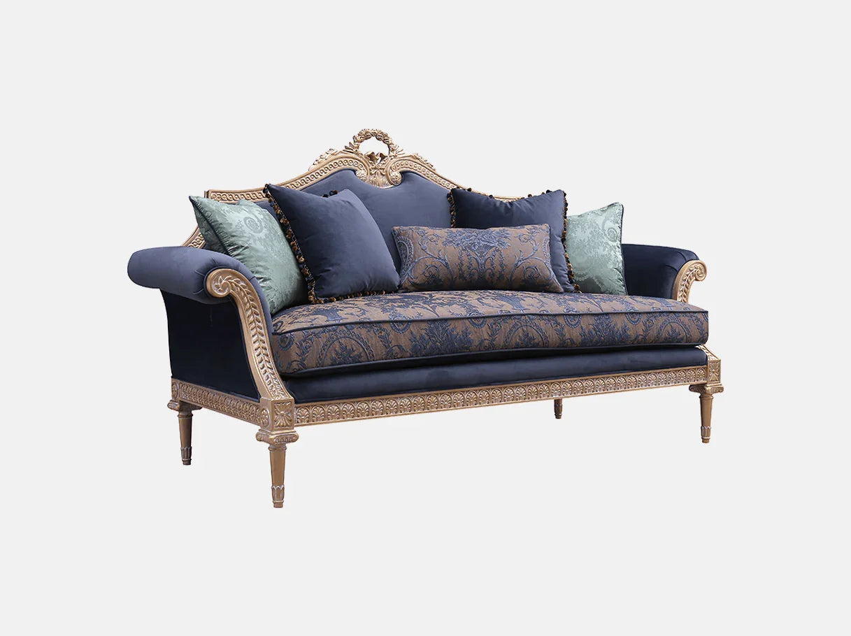 Side view of French sofa S-1178 3-seater showing sculpted gold leaf frame, jacquard seat, and navy velvet arms with turned legs.