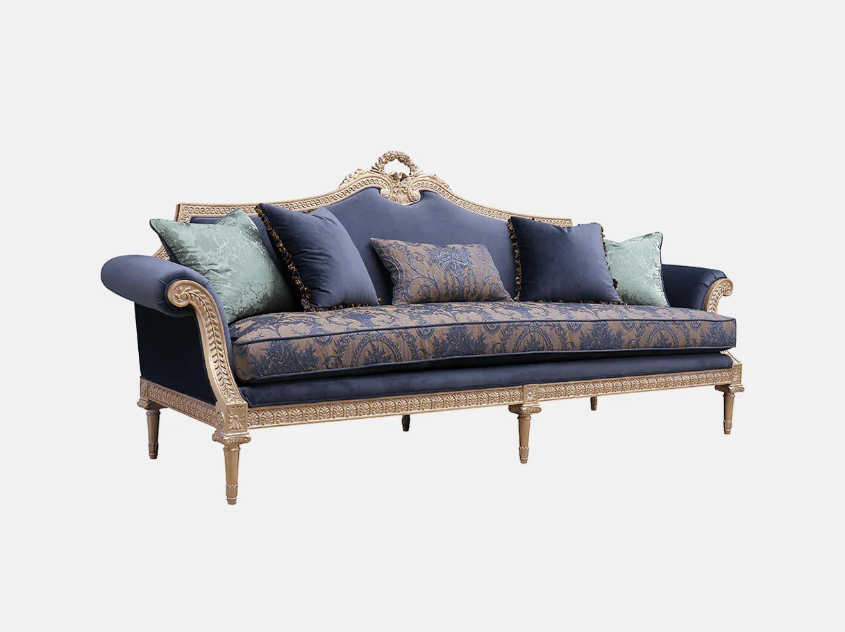 Side view of French sofa S-1178 4-seater showing sculpted gold leaf frame, jacquard seat, and navy velvet arms with turned legs.