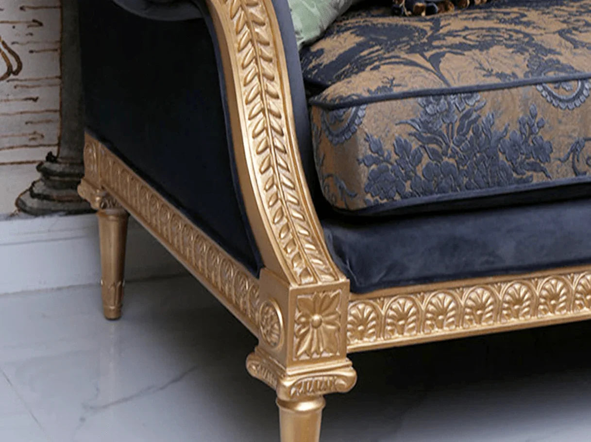 Close-up of leg and seat edge on French sofa S-1178 4-seater, showing gold carving, jacquard upholstery, and velvet trim.