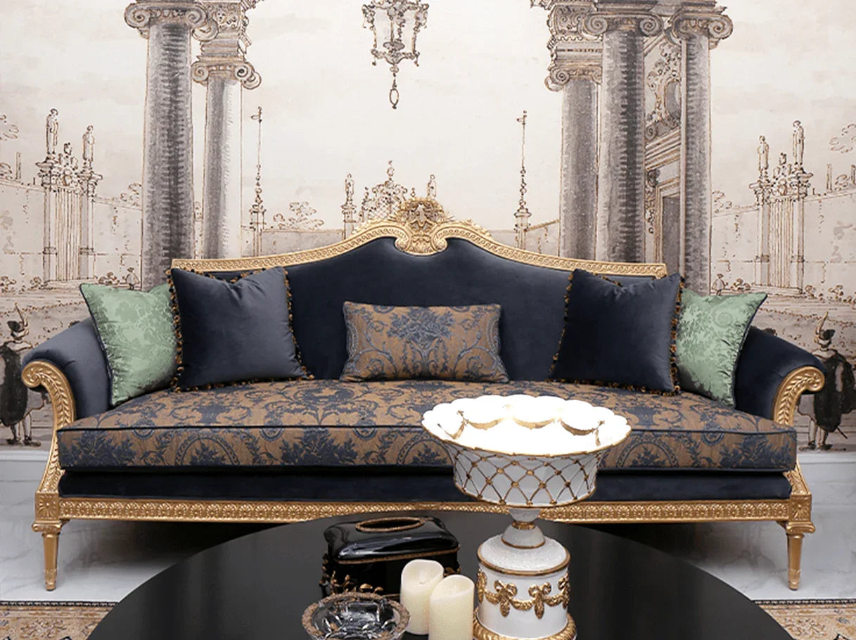 French style living room set featuring a luxury French sofa S-1178 4-seater with navy velvet and gold carved accents.