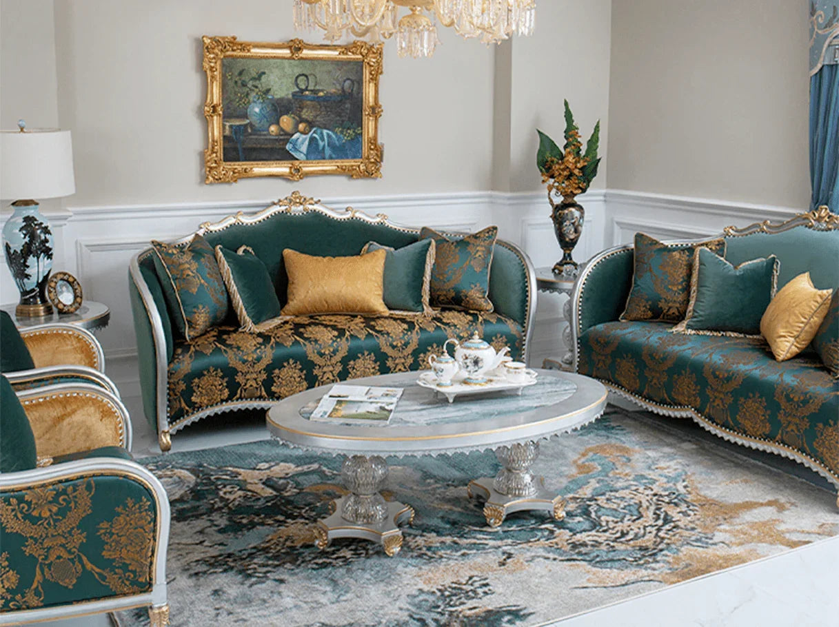 French style living room featuring a set of luxury French sofas S-1186 with green jacquard, gold accents, and crystal studs.