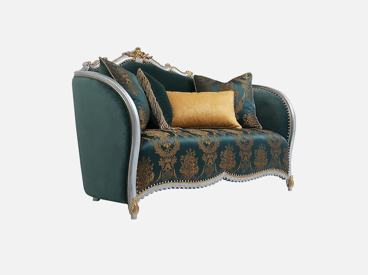 Side view of French sofa S-1186 3-seater showing hand-carved beech wood frame, silver-gold crest, and curved arm profile.