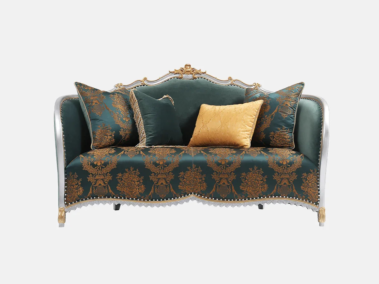 Front view of French sofa S-1186 3-seater in emerald green jacquard with gold patterns, velvet pillows, and crystal trim studs.