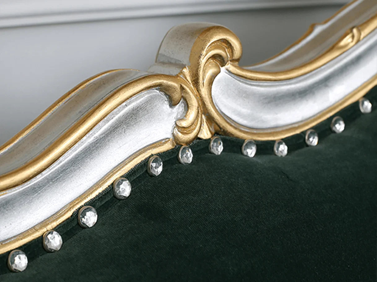 Close-up of crystal studded trim and carving with gold and silver leaf on French sofa S-1186 4-seater,.