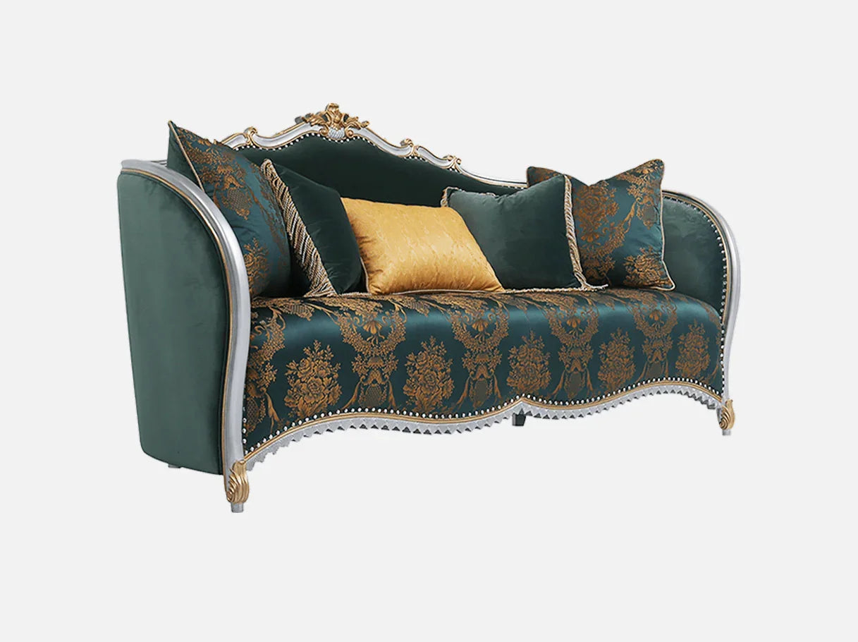 Side view of French sofa S-1186 4-seater showing hand-carved beech wood frame, silver-gold crest, and curved arm profile.