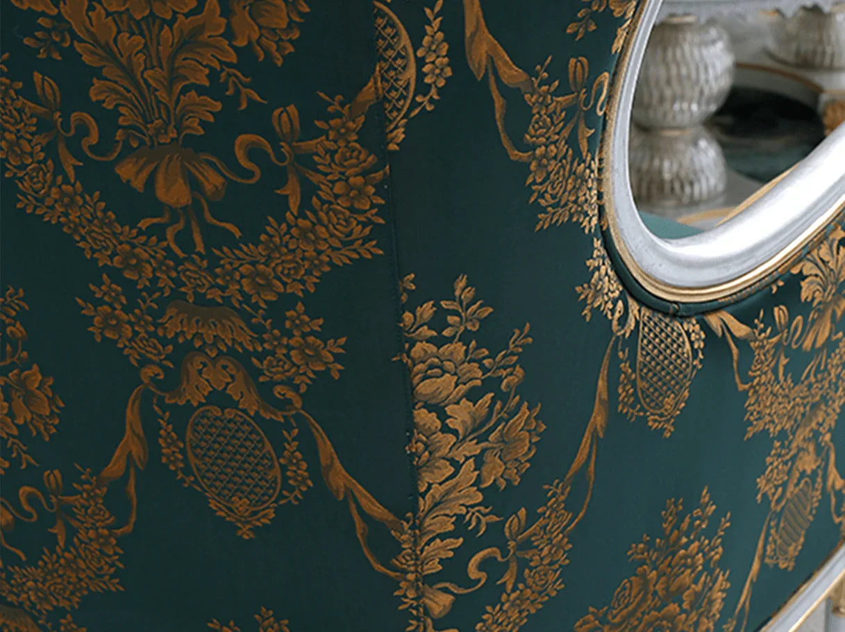 Close-up of jacquard fabric on French sofa S-1186 4-seater, showing gold floral patterns on deep green background.