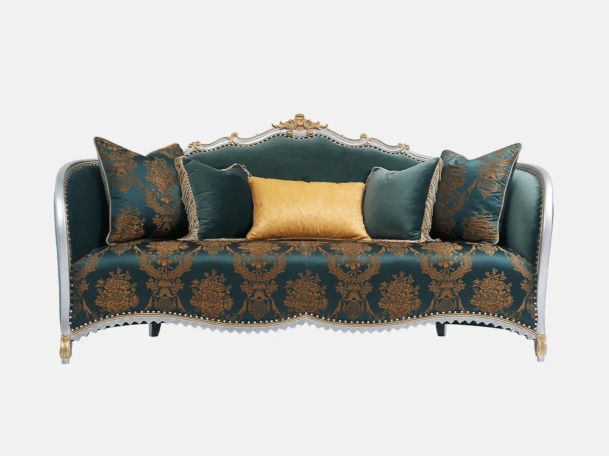 Front view of French sofa S-1186 4-seater in emerald green jacquard with gold patterns, velvet pillows, and crystal trim studs.