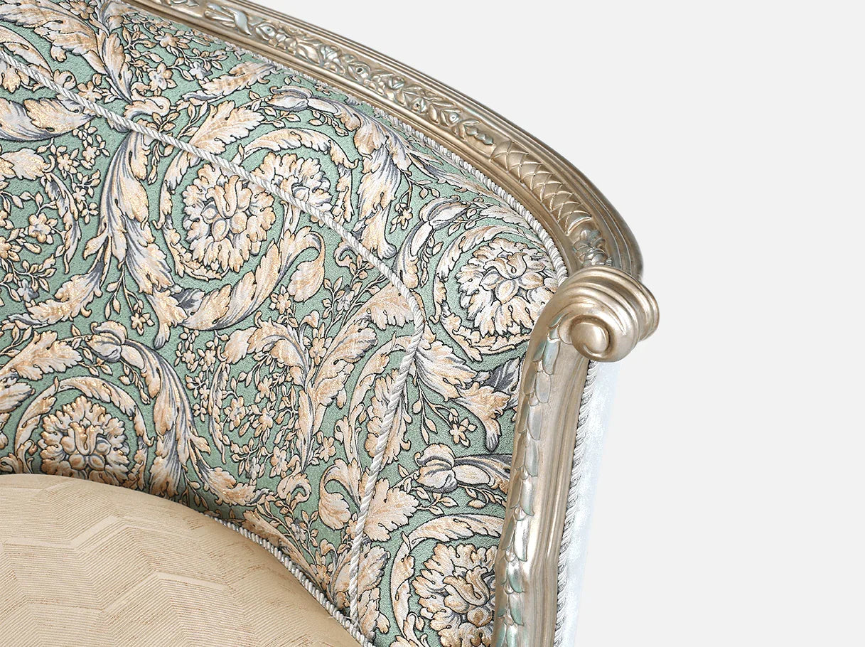 Jacquard fabric and velvet detail of French armchair A-1192 showing layered textures and metallic sheen.