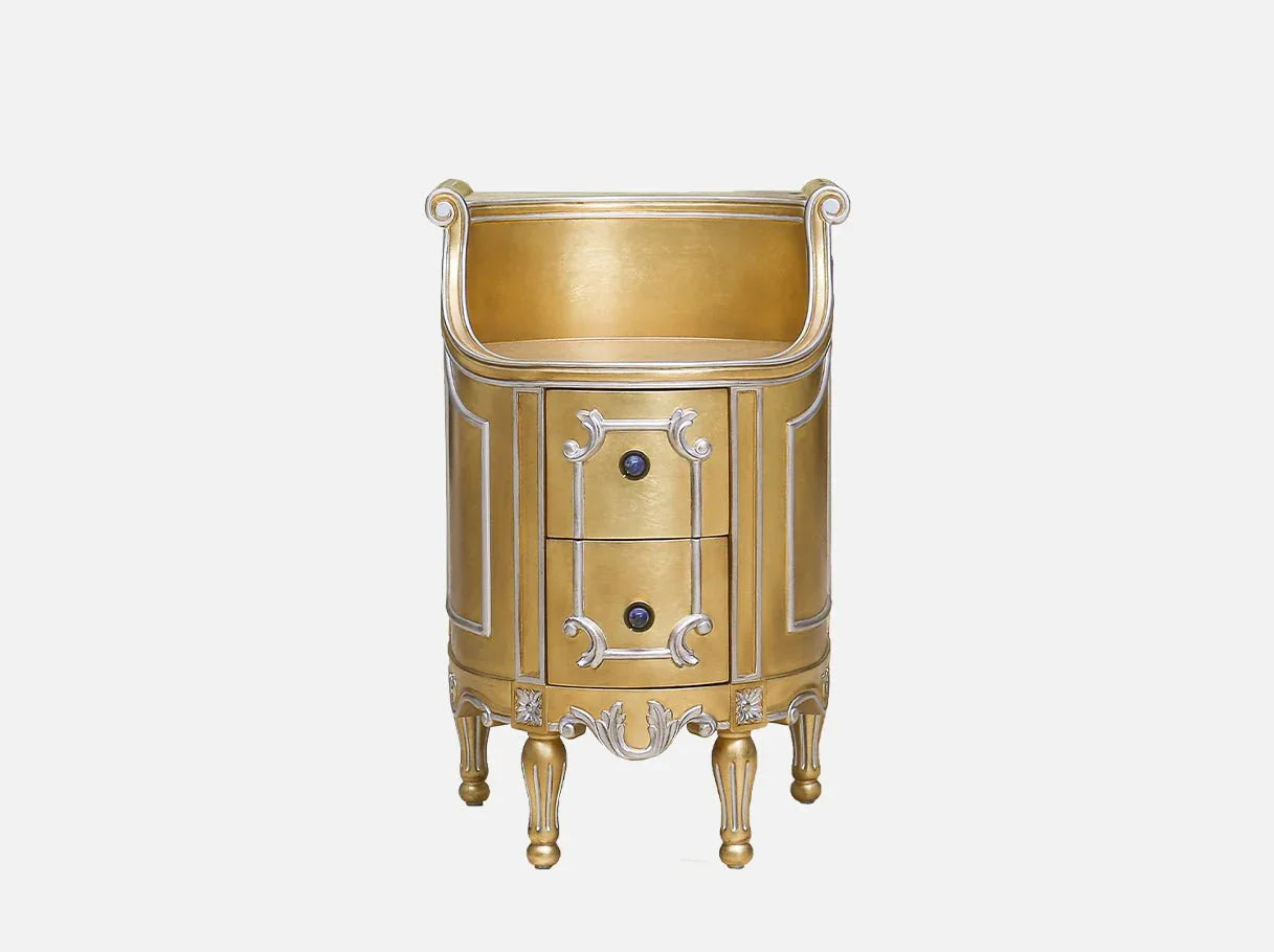 Gold nightstand N-072 with curved silhouette and two drawers – French vintage bedside table