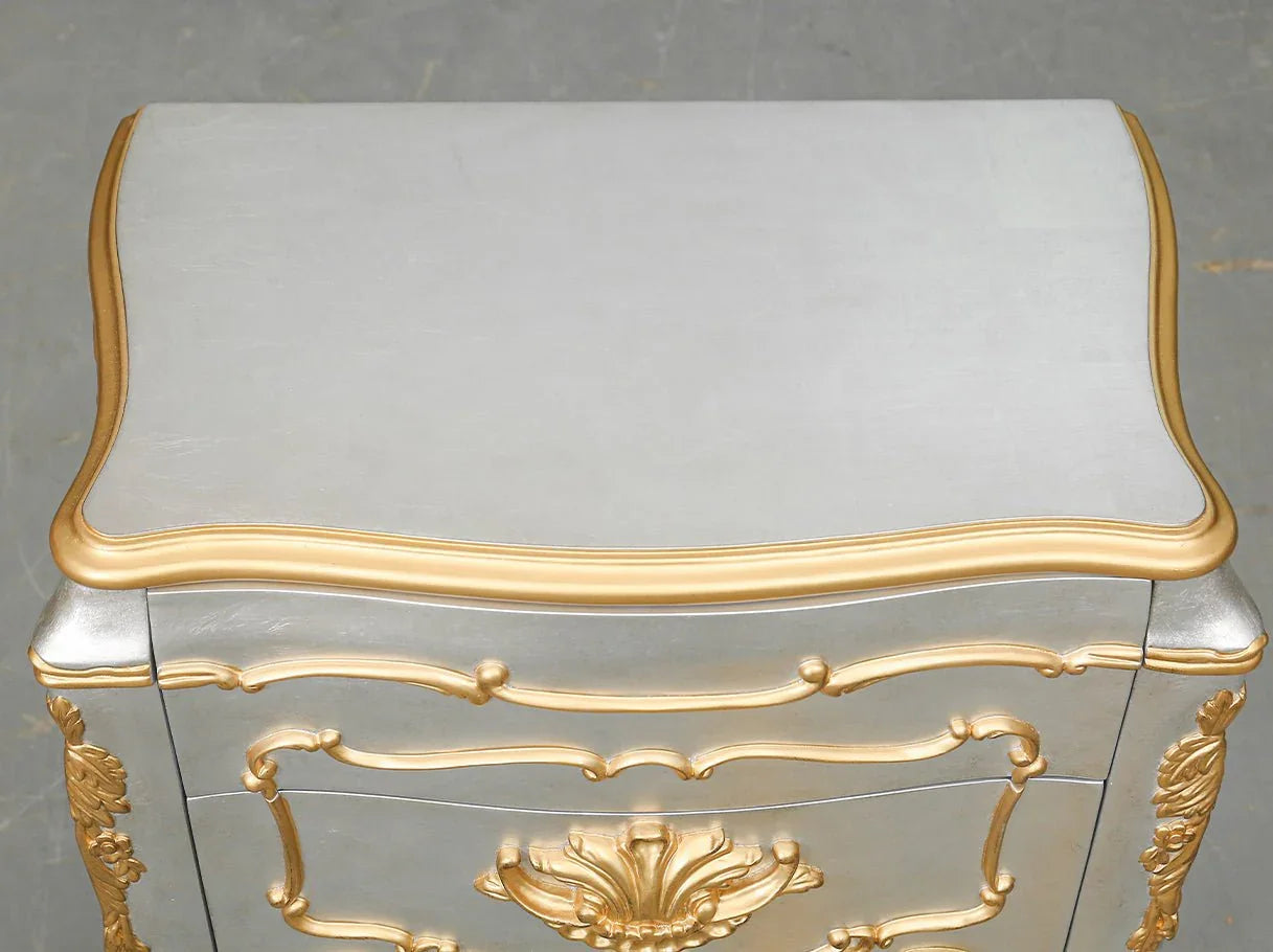 Top view of French style silver and gold nightstand for luxury bedrooms