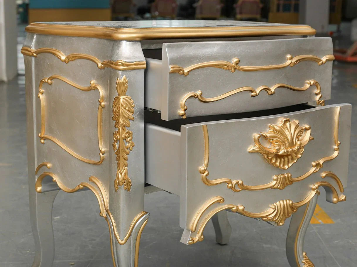 Two-drawer silver nightstand with hand-carved gold embellishments