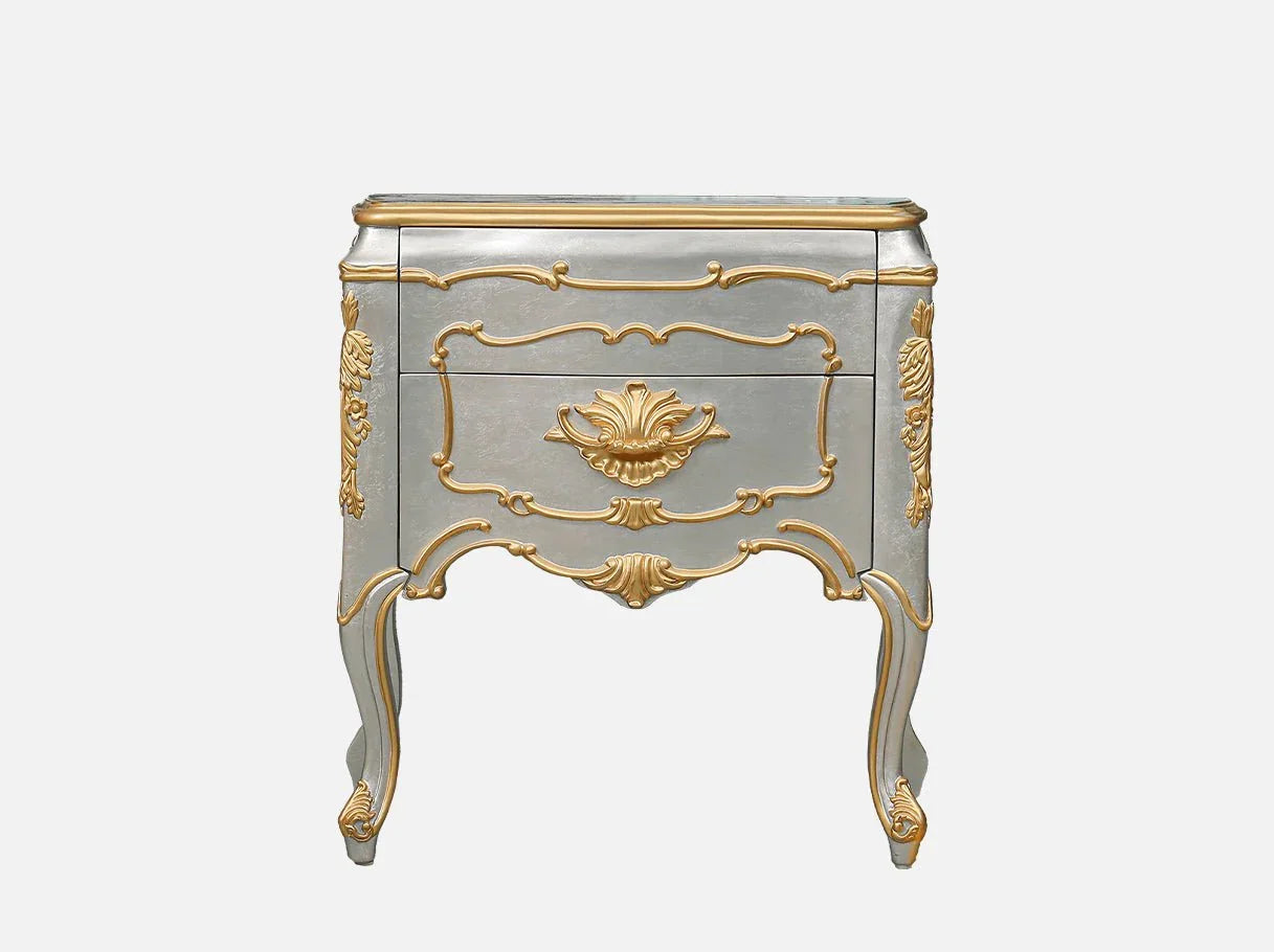 Silver nightstand N-086 with gold accents and French style carvings
