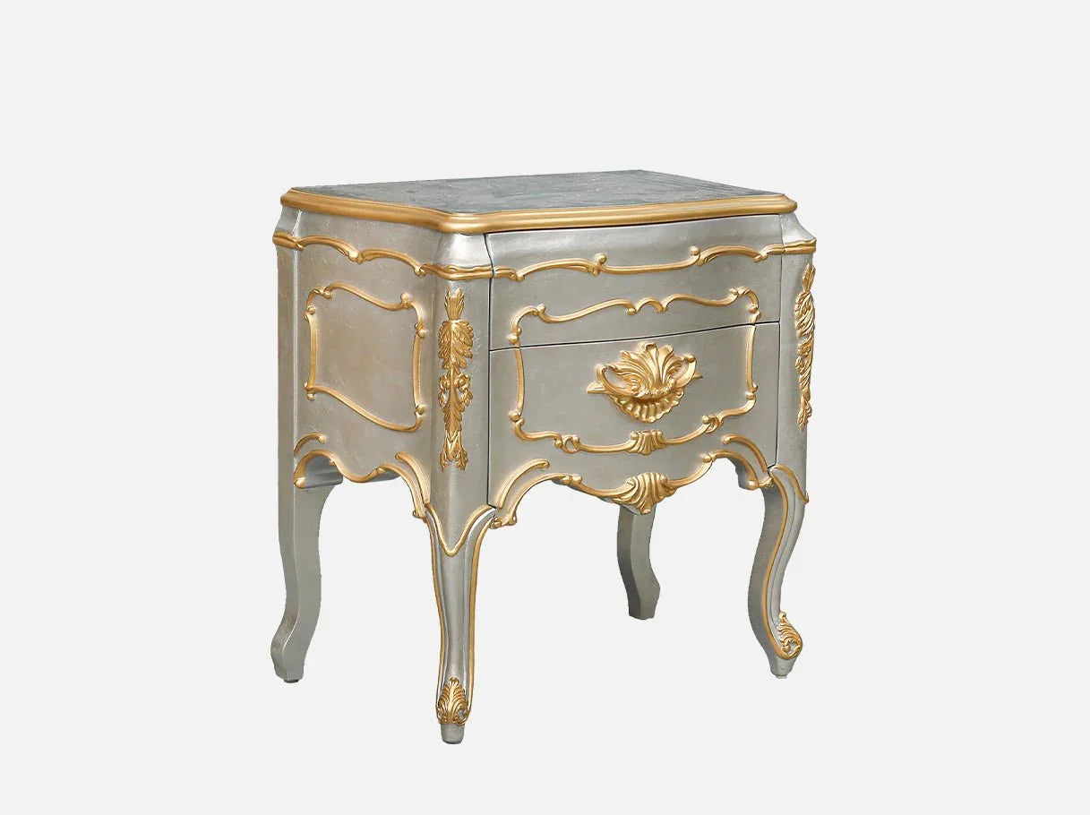 Curved cabriole leg bedside table in silver and gold classical design