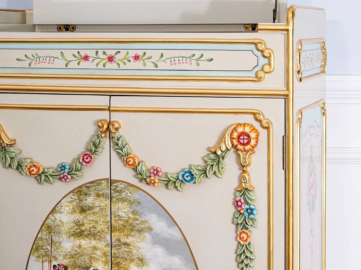 Vintage cabinet C-104 carving detail: Intricate hand-carved motifs with gold leaf – showcases artisan craftsmanship.