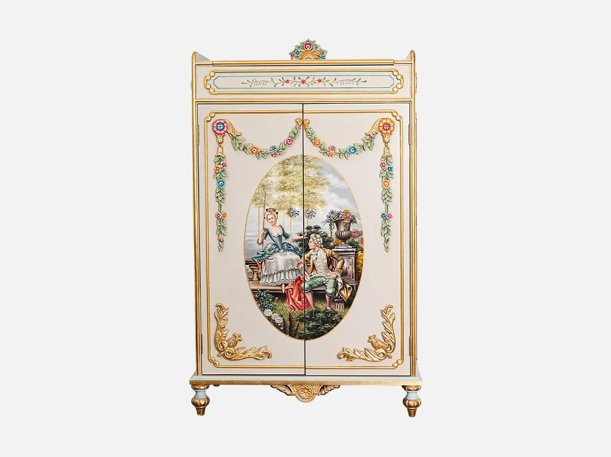 Vintage cabinet C-104 front: Hand-painted scene, gold leaf trim, carved wood – ideal for vintage/french interiors.